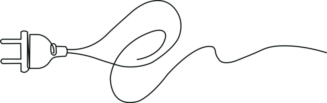 Minimal continuous one line drawing of an electric power plug with elegant flowing cable