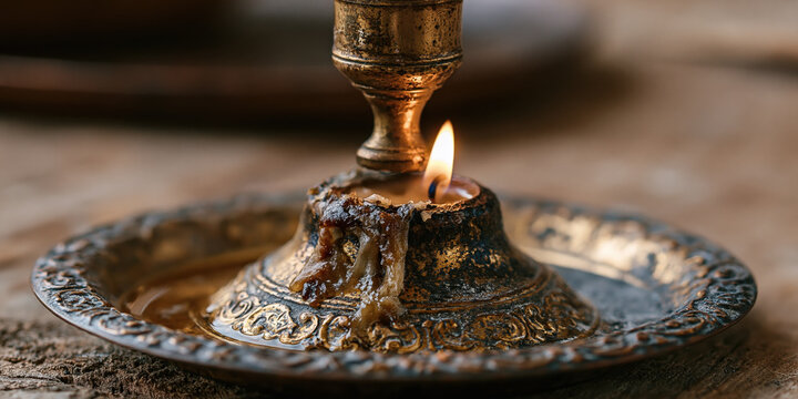 Vintage brass candlestick with lit flame on decorative plate