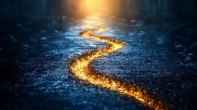 The Golden Path Forward: A mystical, winding path illuminated by a warm, golden light, emerges from the darkness and leads into a distant, glowing horizon.