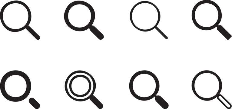 Simple magnifying glass icon collection with search symbols, zoom icons and finder tools isolated on white background