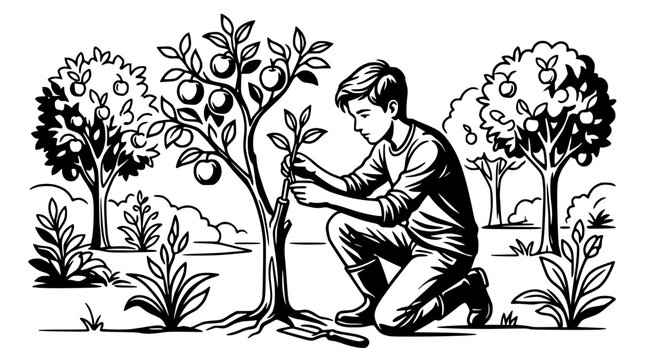 Young boy planting a sapling in a garden with fruit trees in the background, illustration