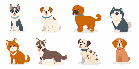 various dog breeds in cute flat vector style on white background dogs puppies canines husky beagle dalmatian © Asit