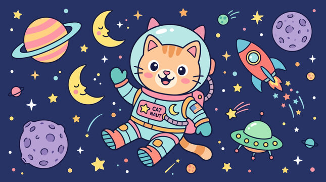 Cartoon cat in space suit flying.