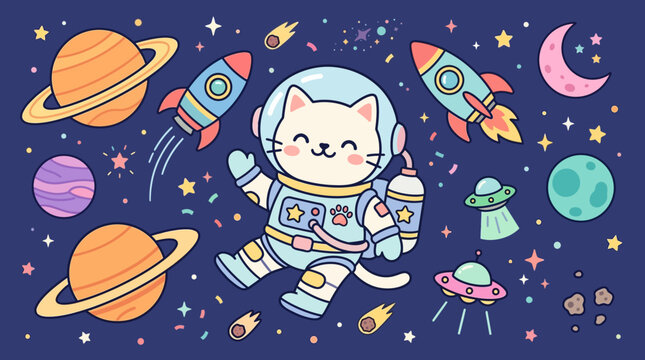 Cartoon cat in space suit flying.