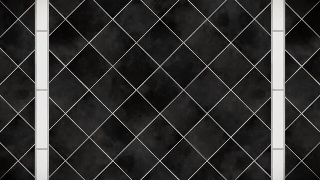 Abstract dark charcoal grey diamond tile pattern with crisp white grout lines and a clean vertical white bar, modern geometric infinite loop background