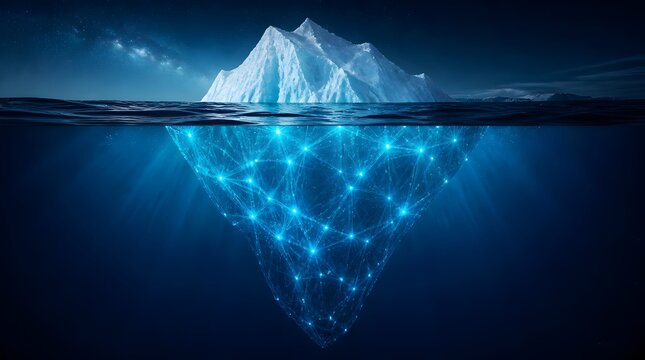 Big data, iceberg and digital network in ocean for information technology, cybersecurity and deep web. Global connectivity, internet and hidden infrastructure with artificial intelligence software.