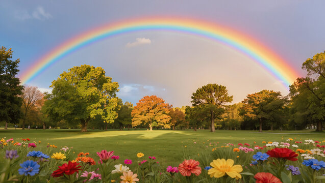 Wide shot , beautiful of half circle of rainbow in the sky over the park after raining.