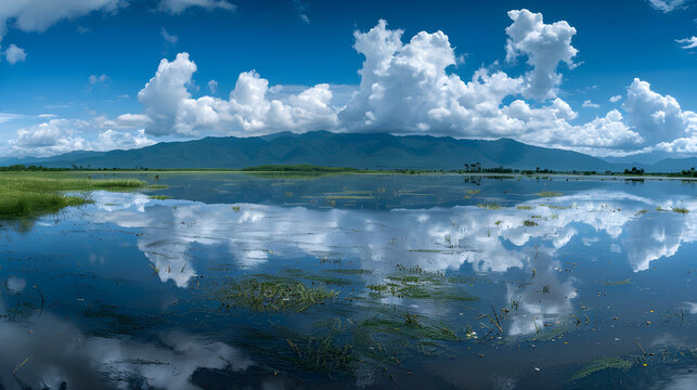 Stunning mountain and cloud reflection on calm water of Tanguar Haor Bangladesh