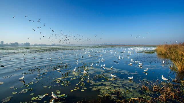 Migratory birds flying over water lily wetland in Tanguar Haor Bangladesh