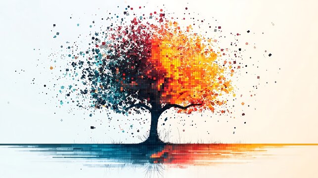 Abstract Tree of Life: A vibrant abstract tree, with its crown exploding into a colorful cascade of particles, symbolizes growth, transformation, and the interconnectedness of all things.