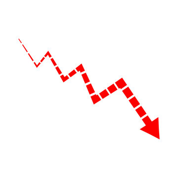 Red dashed downward financial trend arrow as transparent cutout