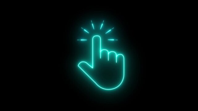 Glowing neon hand mouse cursor icon on black background. hand cursor with click and accent. Mouse pointer hand click mouse cursor, click animation, pointer, UI, UX, web overlay interface, 