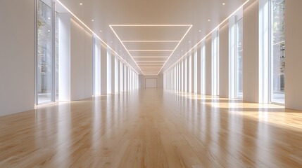 Fototapeta premium Modern Corridor with Natural Light: An empty, long, and bright modern corridor with polished wooden floors and large windows letting in abundant natural light.