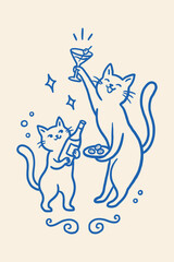 Line Illustration Of Cats Celebrating With Cocktails And Snacks feline party © mdsaikat