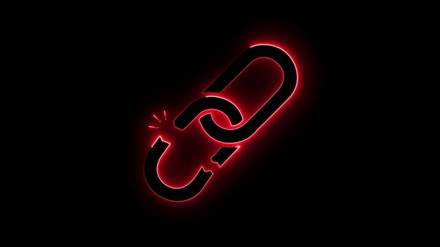 Glowing neon unlink icon isolated on black background. broken link, disconnect, system failure network failure, cybersecurity, UI Icon overlay, HUD, technology animation, 4K, interface.