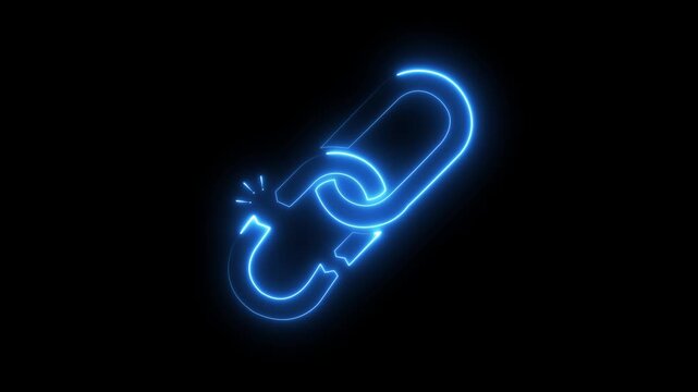 Glowing neon unlink icon isolated on black background. broken link, disconnect, system failure network failure, cybersecurity, UI Icon overlay, HUD, technology animation, 4K, interface.