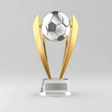 Luxury Crystal Soccer Trophy with Gold Accents on Clean White Background, Photorealistic 3D Championship Award, Premium Modern Sports Achievement Concept