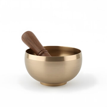 Meditation singing bowl 3D object on white plain background, polished bowl with wooden striker and elegant minimalist finish