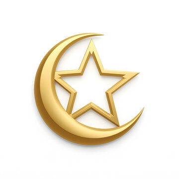 Muharram Islamic star and crescent 3D object on white plain background, smooth gold star with elegant crescent and modern finish