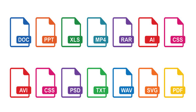 File format and extension document line icon set. Data storage, folder type, multimedia, code page, application, office sheet, attachment and digital workflow templates.