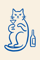 Line drawing of a seated cat holding a martini glass and bottle © mdsaikat
