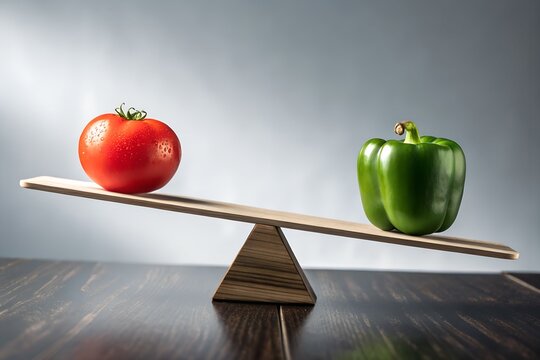 Vibrant red tomato sits on one side of a wooden seesaw balancing against a crisp green bell pepper to create a conceptual comparison of healthy food choices and nutritional weight.