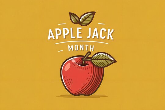 Vibrant red apple illustration featuring detailed leaves and bold typography for an apple jack month celebration graphic design project set against a textured warm yellow background for a classic aest