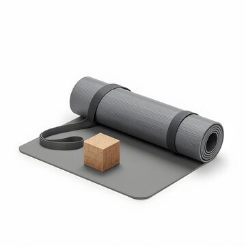 Yoga accessories set 3D object on white plain background, rolled mat with cork block and strap in a sleek modern arrangement