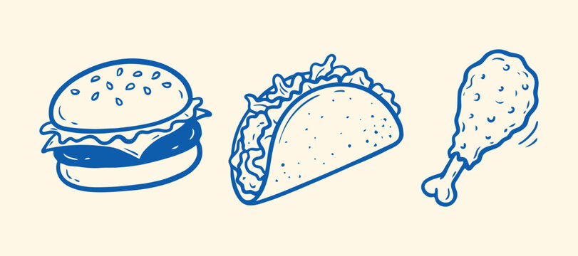 Line art illustration featuring a hamburger taco and fried chicken drumstick hamburger