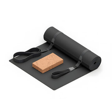Yoga accessories set 3D object on white plain background, rolled mat with cork block and strap in a sleek modern arrangement