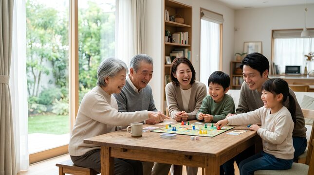 明るいリビングでボードゲームを楽しむ三世代家族の笑顔