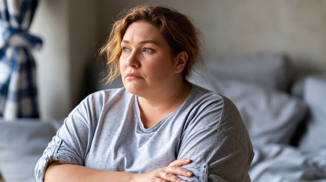 Pensive sad overweight obese woman sitting at her bedroom looking away very worried	
