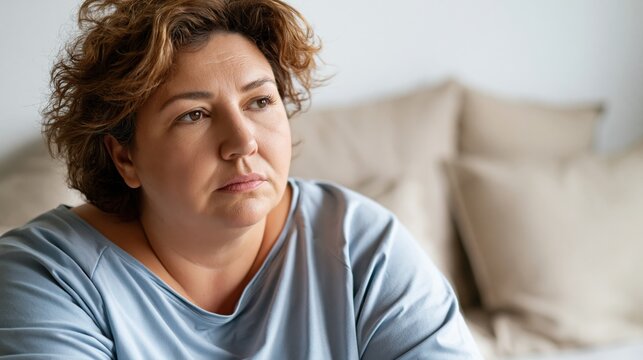 Pensive sad overweight obese woman sitting at her bedroom looking away very worried	
