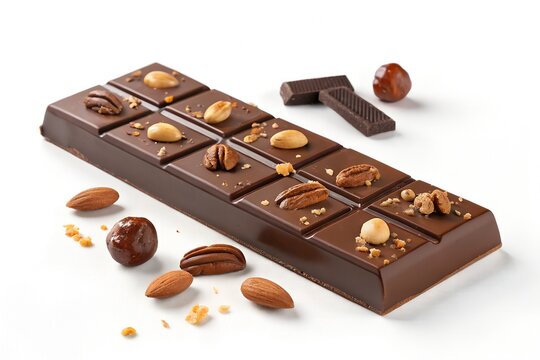 Delicious dark chocolate bar with crunchy pecans and assorted roasted almond nuts arranged neatly on a clean white surface capturing a premium gourmet confectionery treat for dessert lovers everywhere
