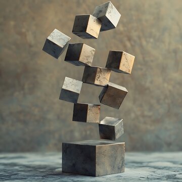 Abstract Cubes Cascade: A dynamic composition of metallic cubes in mid-air, seemingly defying gravity as they fall and assemble above a stable base.