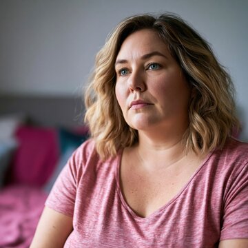 Pensive sad overweight obese woman sitting at her bedroom looking away very worried	
