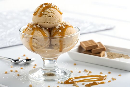 Three delicious scoops of creamy salted caramel ice cream served in a clear glass bowl drizzled with rich golden syrup and topped with tiny crunchy pieces for a sweet dessert.