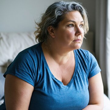 Pensive sad overweight obese woman sitting at her bedroom looking away very worried	
