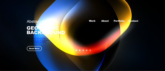 Naklejka premium Abstract geometric background features vibrant color gradients. Website header includes navigation options, text, button. Dark backdrop dominates design.