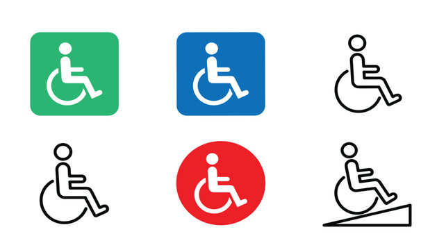 Wheelchair accessibility and handicap vector icon set. Disability, patient, medical, ramp, priority, seat, medical, clinical, public and hospital location navigation buttons.