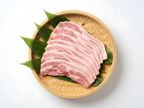 Raw sliced pork belly on bamboo tray. Fresh uncooked meat with herbs for cooking preparation. Premium ingredient for Asian cuisine recipes.