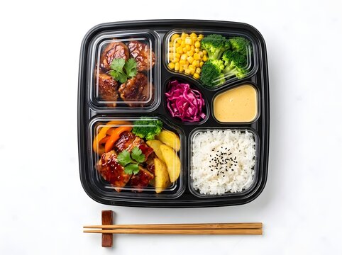 Healthy bento box lunch with balanced meal compartments. Colorful Japanese-style meal prep featuring rice, vegetables, and protein. Nutritious offi...