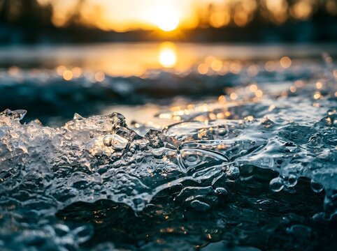 Frozen lake with morning sunrise reflection. Icy water surface glistening under golden light. Serene winter nature landscape for travel and design...