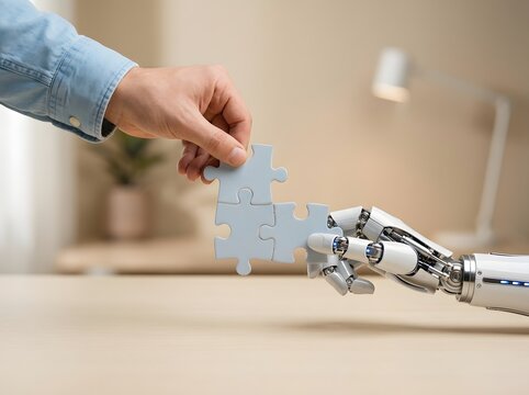 Hand adjusting a humanoid robot arm. Technician fine-tuning advanced robotic machinery. Engineer programming automation for industrial use.