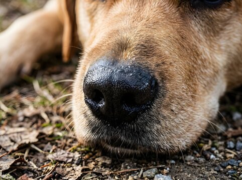 Close-up of a brown dog's nose and snout. Wet black dog nose sniffing the ground outdoors. Loyal pet exploring nature with curiosity.