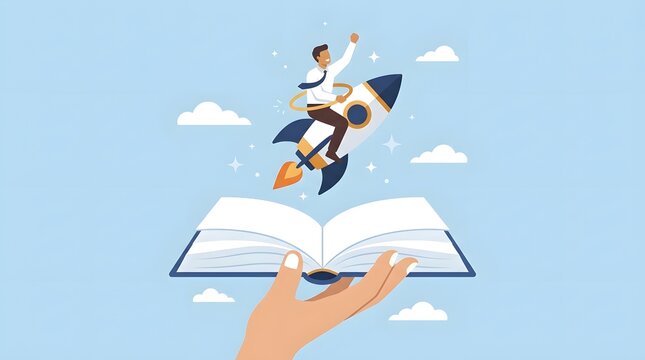 Businessman reading open book in mid-air. Professional executive floating with hardcover literature and digital tablet. Corporate leader gaining kn...