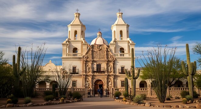 Historic Mission San Xavier del Bac Church in the Arizona Desert.