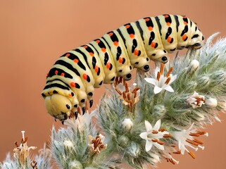 Naklejka premium Caterpillar on a frosted pine branch. Close-up of a spotted larva crawling on icy evergreen needles. Nature macro photography for seasonal design p...