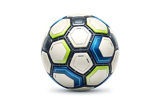 Colorful soccer ball with blue and green accents on white background