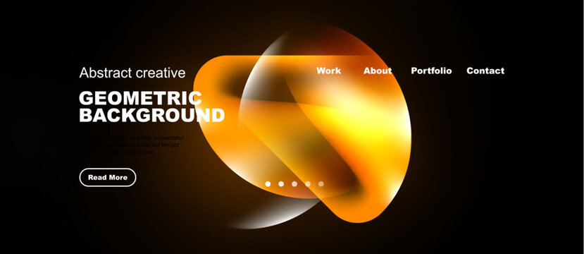 Dark background features vibrant orange geometric shapes. Website header includes navigation options, text, button. Modern design aesthetic.